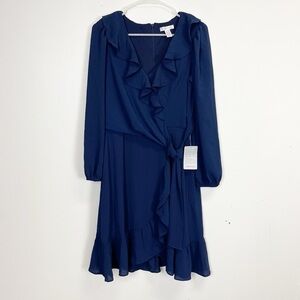 London Times Faux Wrap Dress Womens Size 10 Blue Short Sleeve VNeck NWT